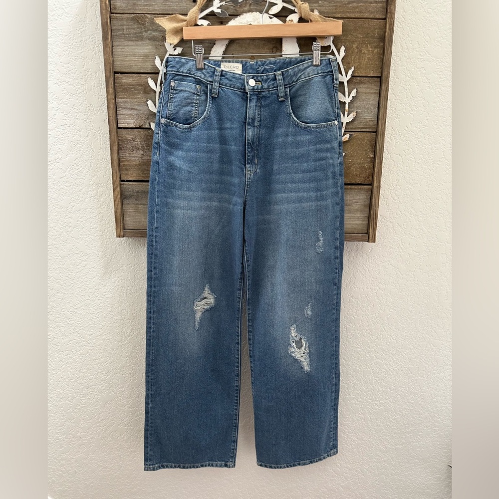 Anthropologie Pilcro‎ high rise wide leg distressed cotton denim jeans size 30
